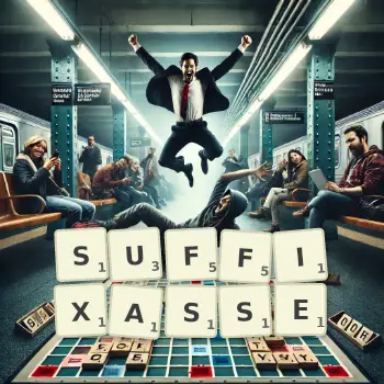 Illustration créative d'un jeu de lettres avec le mot SUFFIXASSE épelé sur le plateau.