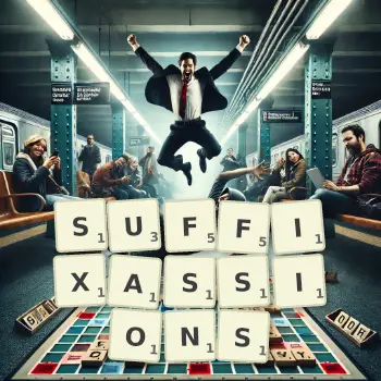 Illustration créative d'un jeu de lettres avec le mot SUFFIXASSIONS épelé sur le plateau.