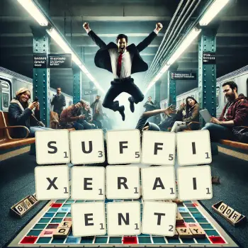 Illustration créative d'un jeu de lettres avec le mot SUFFIXERAIENT épelé sur le plateau.