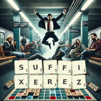Illustration créative d'un jeu de lettres avec le mot SUFFIXEREZ épelé sur le plateau.