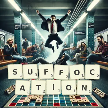 Illustration créative d'un jeu de lettres avec le mot SUFFOCATION épelé sur le plateau.