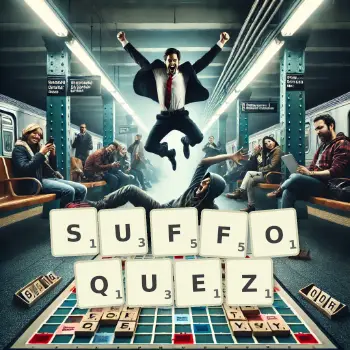 Illustration créative d'un jeu de lettres avec le mot SUFFOQUEZ épelé sur le plateau.