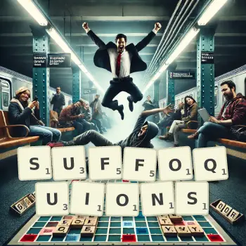 Illustration créative d'un jeu de lettres avec le mot SUFFOQUIONS épelé sur le plateau.