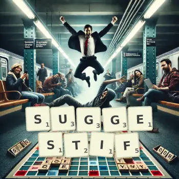 Illustration créative d'un jeu de lettres avec le mot SUGGESTIF épelé sur le plateau.