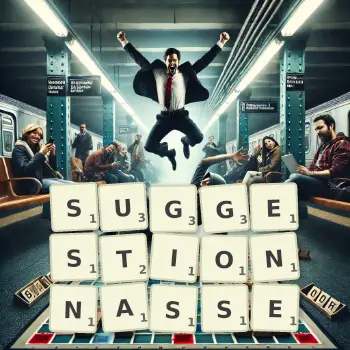 Illustration créative d'un jeu de lettres avec le mot SUGGESTIONNASSE épelé sur le plateau.