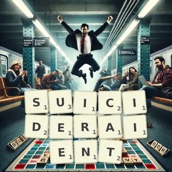 Illustration créative d'un jeu de lettres avec le mot SUICIDERAIENT épelé sur le plateau.