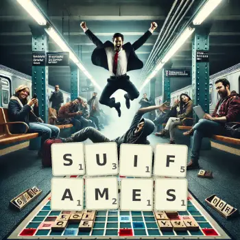 Illustration créative d'un jeu de lettres avec le mot SUIFAMES épelé sur le plateau.