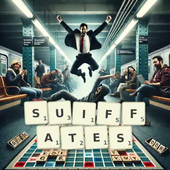 Illustration créative d'un jeu de lettres avec le mot SUIFFATES épelé sur le plateau.