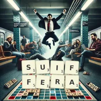 Illustration créative d'un jeu de lettres avec le mot SUIFFERA épelé sur le plateau.