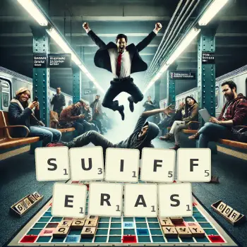 Illustration créative d'un jeu de lettres avec le mot SUIFFERAS épelé sur le plateau.