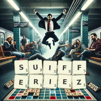 Illustration créative d'un jeu de lettres avec le mot SUIFFERIEZ épelé sur le plateau.