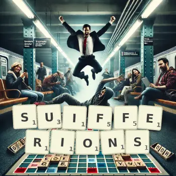 Illustration créative d'un jeu de lettres avec le mot SUIFFERIONS épelé sur le plateau.