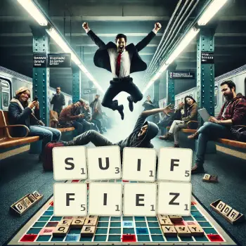 Illustration créative d'un jeu de lettres avec le mot SUIFFIEZ épelé sur le plateau.