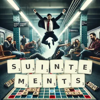 Illustration créative d'un jeu de lettres avec le mot SUINTEMENTS épelé sur le plateau.