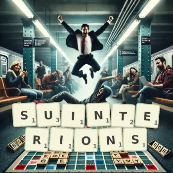 Illustration créative d'un jeu de lettres avec le mot SUINTERIONS épelé sur le plateau.