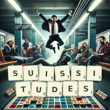 Illustration créative d'un jeu de lettres avec le mot SUISSITUDES épelé sur le plateau.
