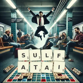 Illustration créative d'un jeu de lettres avec le mot SULFATAI épelé sur le plateau.