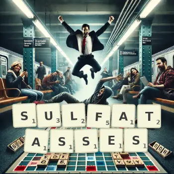 Illustration créative d'un jeu de lettres avec le mot SULFATASSES épelé sur le plateau.