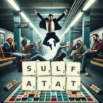 Illustration créative d'un jeu de lettres avec le mot SULFATAT épelé sur le plateau.