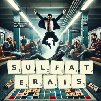 Illustration créative d'un jeu de lettres avec le mot SULFATERAIS épelé sur le plateau.