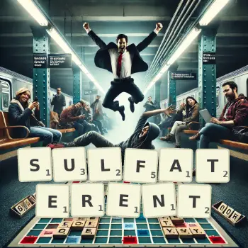 Illustration créative d'un jeu de lettres avec le mot SULFATERENT épelé sur le plateau.