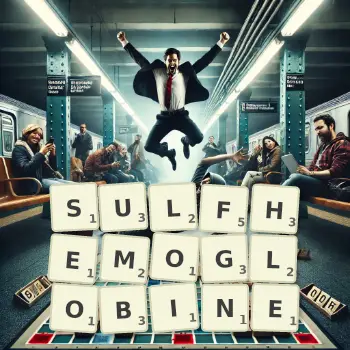 Illustration créative d'un jeu de lettres avec le mot SULFHEMOGLOBINE épelé sur le plateau.