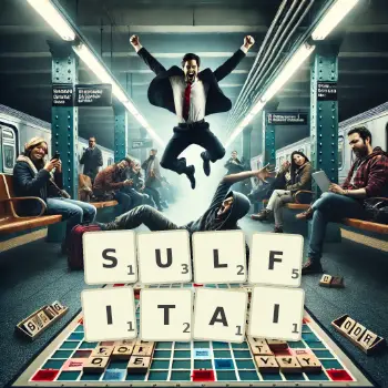 Illustration créative d'un jeu de lettres avec le mot SULFITAI épelé sur le plateau.