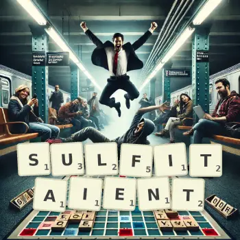 Illustration créative d'un jeu de lettres avec le mot SULFITAIENT épelé sur le plateau.