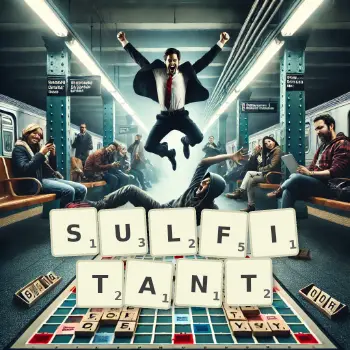 Illustration créative d'un jeu de lettres avec le mot SULFITANT épelé sur le plateau.