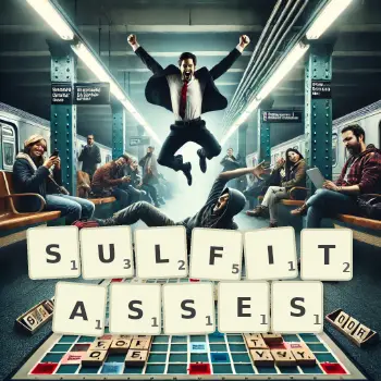 Illustration créative d'un jeu de lettres avec le mot SULFITASSES épelé sur le plateau.