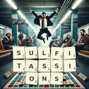 Illustration créative d'un jeu de lettres avec le mot SULFITASSIONS épelé sur le plateau.