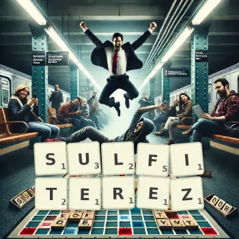 Illustration créative d'un jeu de lettres avec le mot SULFITEREZ épelé sur le plateau.