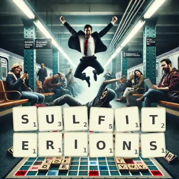 Illustration créative d'un jeu de lettres avec le mot SULFITERIONS épelé sur le plateau.