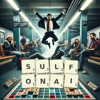 Illustration créative d'un jeu de lettres avec le mot SULFONAI épelé sur le plateau.