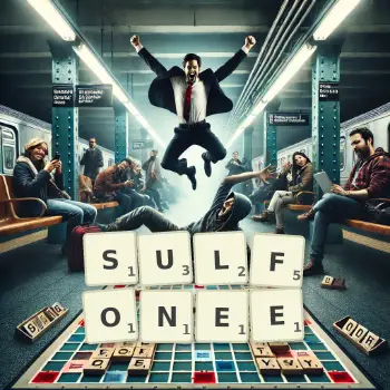 Illustration créative d'un jeu de lettres avec le mot SULFONEE épelé sur le plateau.