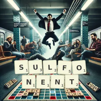 Illustration créative d'un jeu de lettres avec le mot SULFONENT épelé sur le plateau.