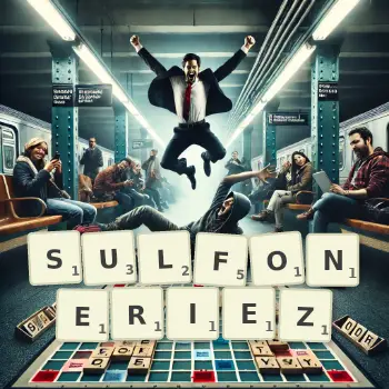 Illustration créative d'un jeu de lettres avec le mot SULFONERIEZ épelé sur le plateau.