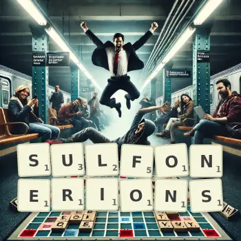 Illustration créative d'un jeu de lettres avec le mot SULFONERIONS épelé sur le plateau.