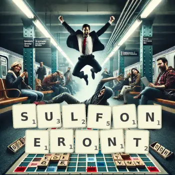 Illustration créative d'un jeu de lettres avec le mot SULFONERONT épelé sur le plateau.