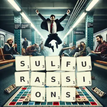 Illustration créative d'un jeu de lettres avec le mot SULFURASSIONS épelé sur le plateau.