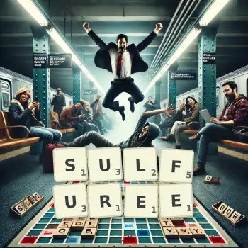 Illustration créative d'un jeu de lettres avec le mot SULFUREE épelé sur le plateau.