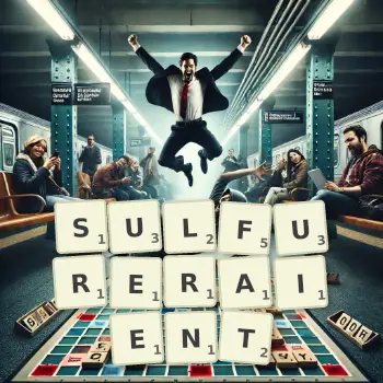 Illustration créative d'un jeu de lettres avec le mot SULFURERAIENT épelé sur le plateau.