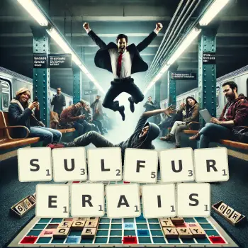 Illustration créative d'un jeu de lettres avec le mot SULFURERAIS épelé sur le plateau.