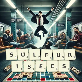 Illustration créative d'un jeu de lettres avec le mot SULFURISEES épelé sur le plateau.