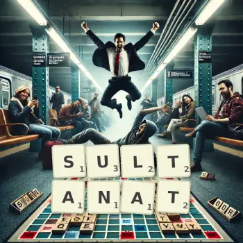 Illustration créative d'un jeu de lettres avec le mot SULTANAT épelé sur le plateau.