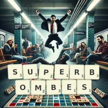 Illustration créative d'un jeu de lettres avec le mot SUPERBOMBES épelé sur le plateau.