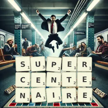Illustration créative d'un jeu de lettres avec le mot SUPERCENTENAIRE épelé sur le plateau.