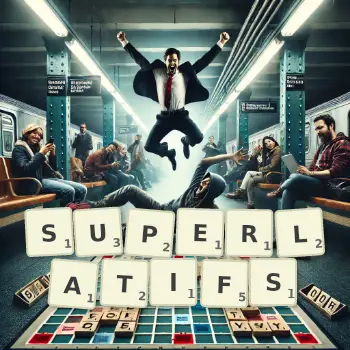 Illustration créative d'un jeu de lettres avec le mot SUPERLATIFS épelé sur le plateau.