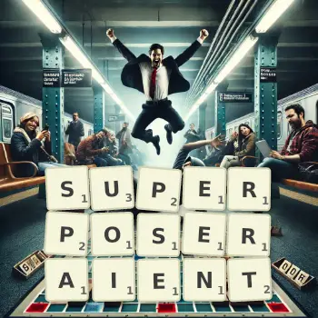 Illustration créative d'un jeu de lettres avec le mot SUPERPOSERAIENT épelé sur le plateau.