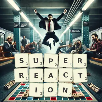 Illustration créative d'un jeu de lettres avec le mot SUPERREACTION épelé sur le plateau.